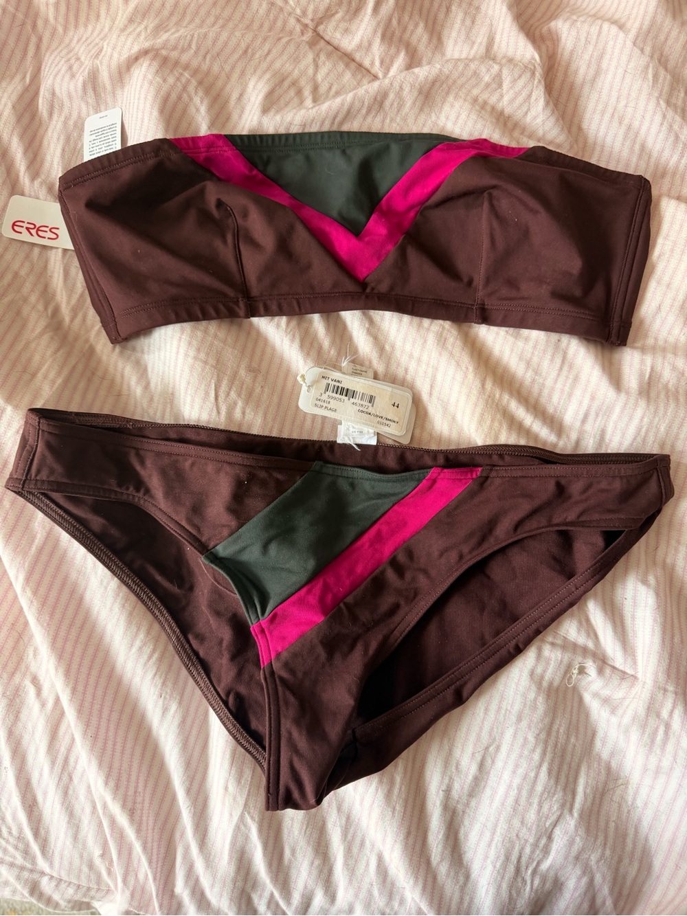 Eres Two-Tone Bandeau Bikini Set in Chocolate with Fuchsia and Grey Accents